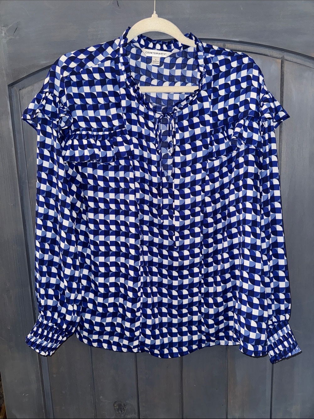 Counterparts Blue & White Geometric Ruffle Tie-Neck Blouse